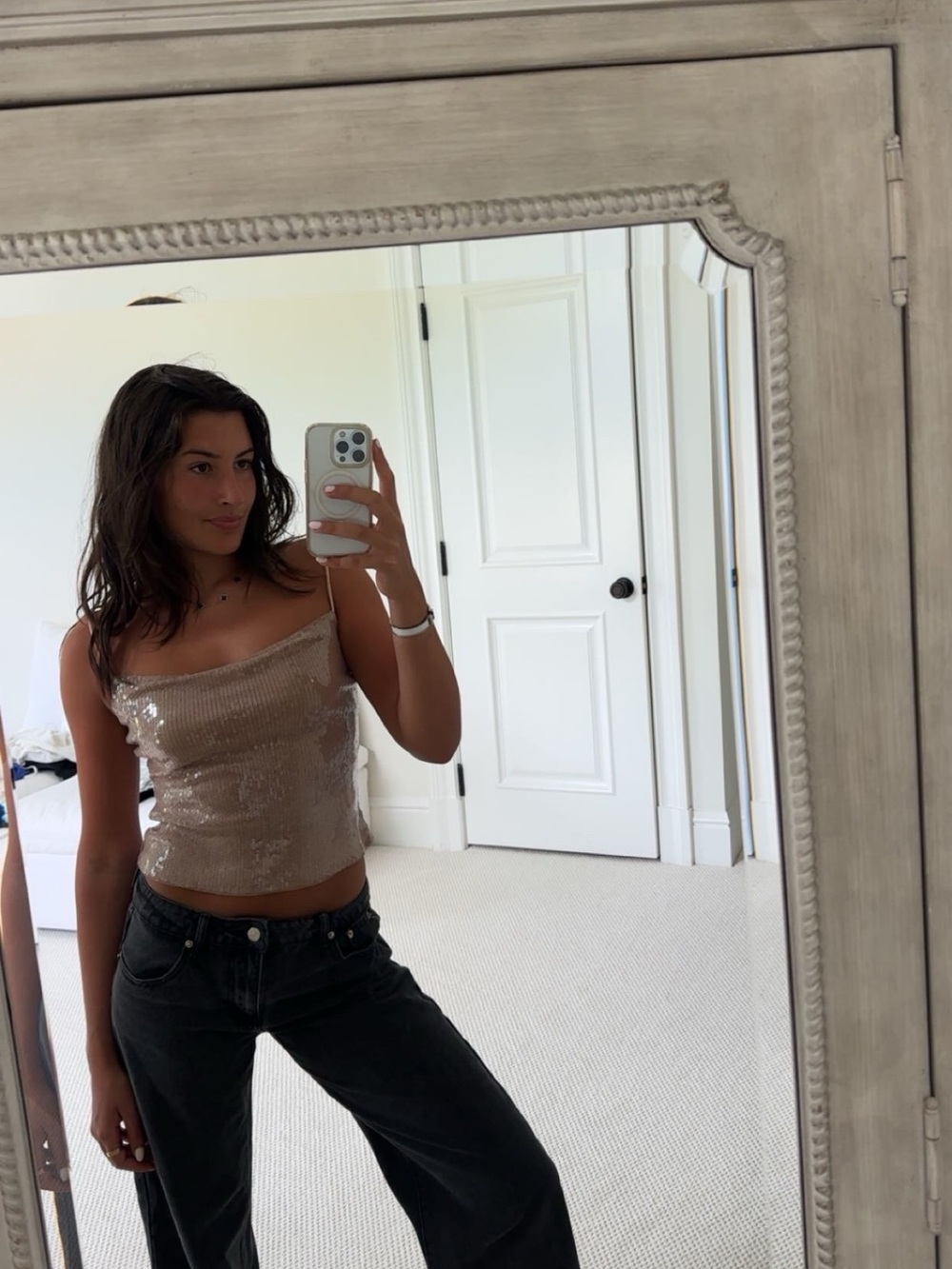 One-Shoulder Sequin Cami in Champagne